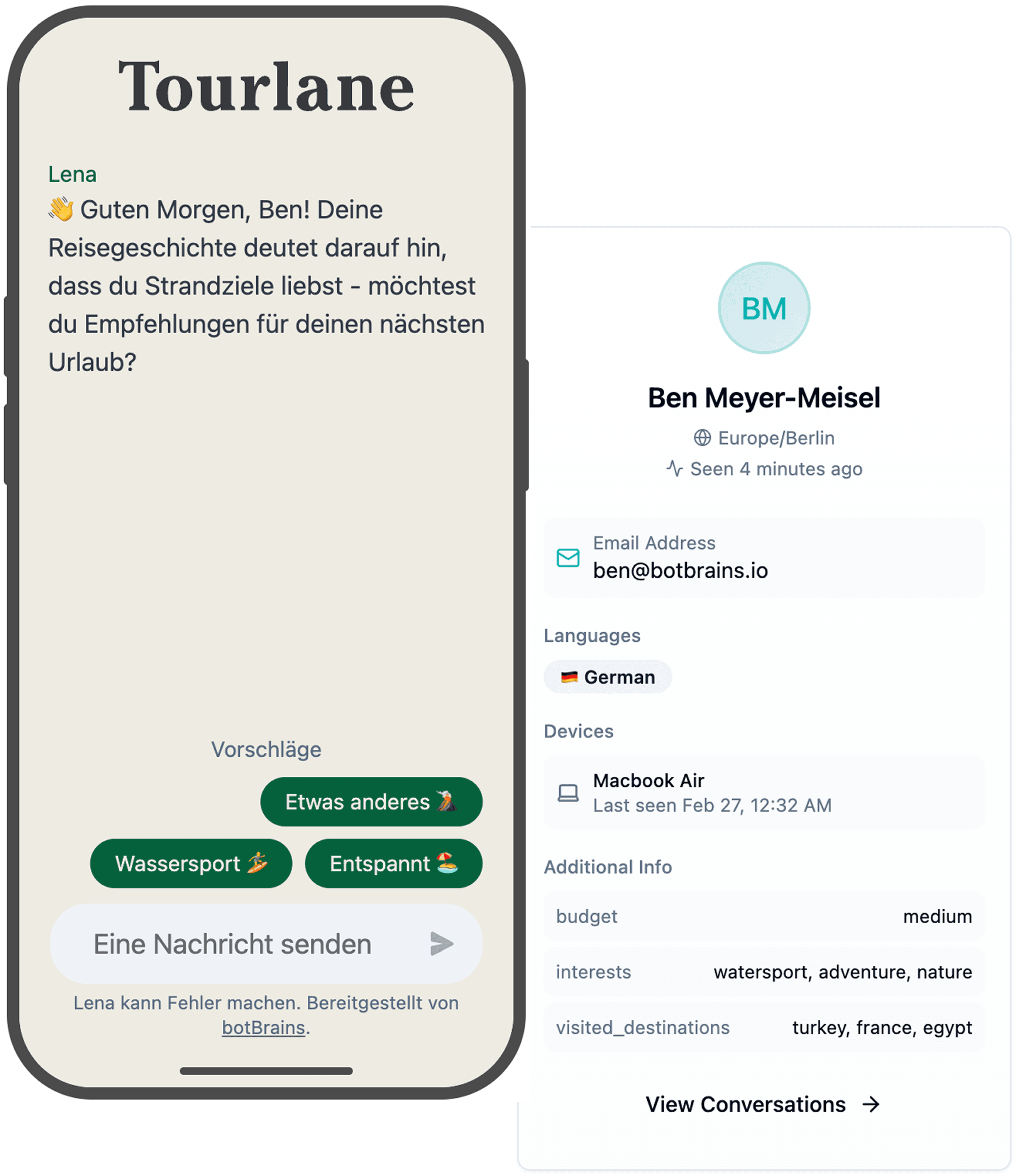 Eine Reise-App-Oberfläche mit zwei Bereichen: Links wird ein Chat zwischen der Agentin Lena und dem Nutzer Ben über Strandziele mit Wassersport gezeigt, wobei die Malediven als Empfehlung hervorgehoben werden; rechts wird Bens Profilkarte angezeigt, mit seinem Standort (Berlin), Kontaktdaten, Sprache (Deutsch), Interessen (Wassersport, Abenteuer, Natur) und zuvor besuchten Ländern.