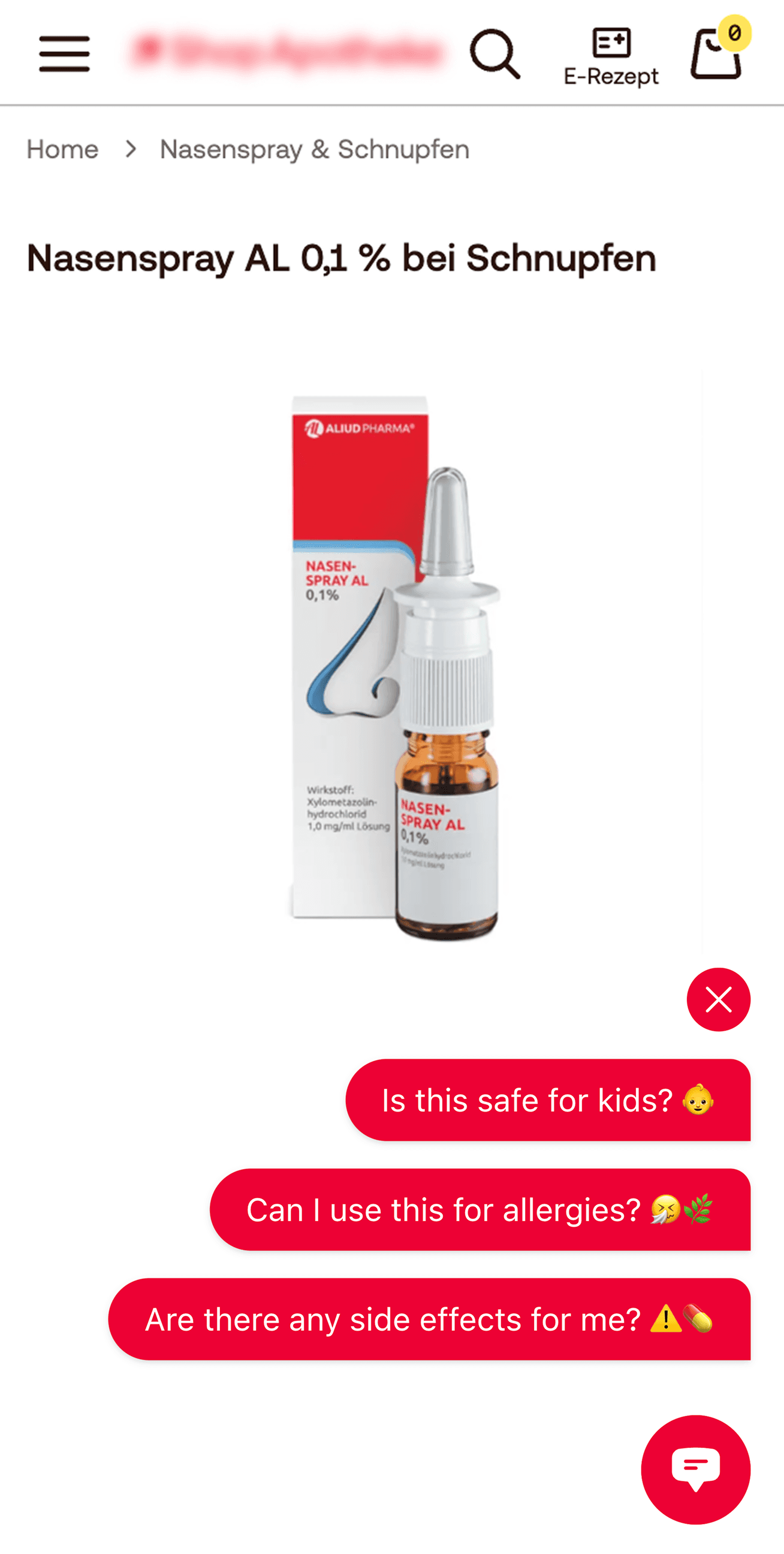 A simplified view of a nasal spray bottle store front with three botBrains red speech bubbles containing common user concerns as suggestions: "Is this safe for kids?" (with a baby emoji), "Can I use this for allergies?" (with a pollen and leaf emoji), and "Are there any side effects for me?" (with a warning and peanut emoji). A red chat icon is visible in the lower right corner.