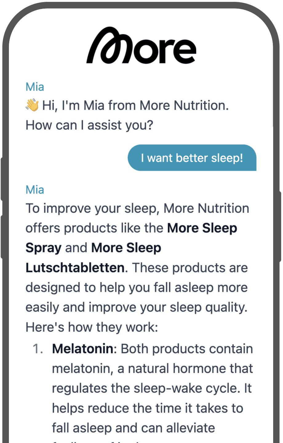 A smartphone screen displaying a chatbot conversation with "Mia" from More Nutrition. The user requests help for better sleep. Mia suggests "More Sleep Spray" and "More Sleep Lutschtabletten," explaining their melatonin content and benefits for improving sleep quality.
