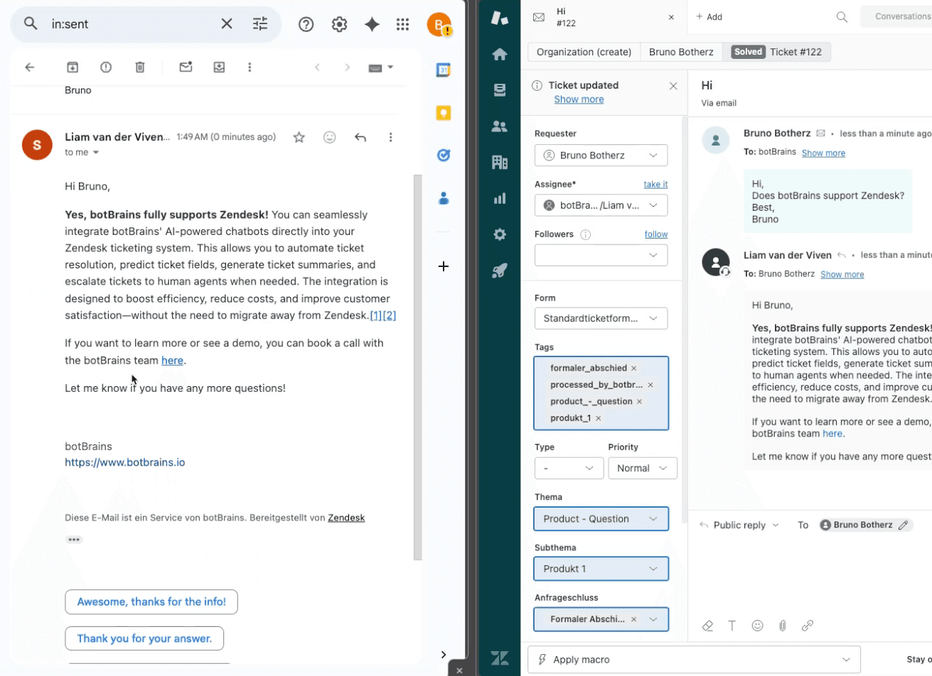 Mock: AI reply and citations inside a Zendesk comment thread