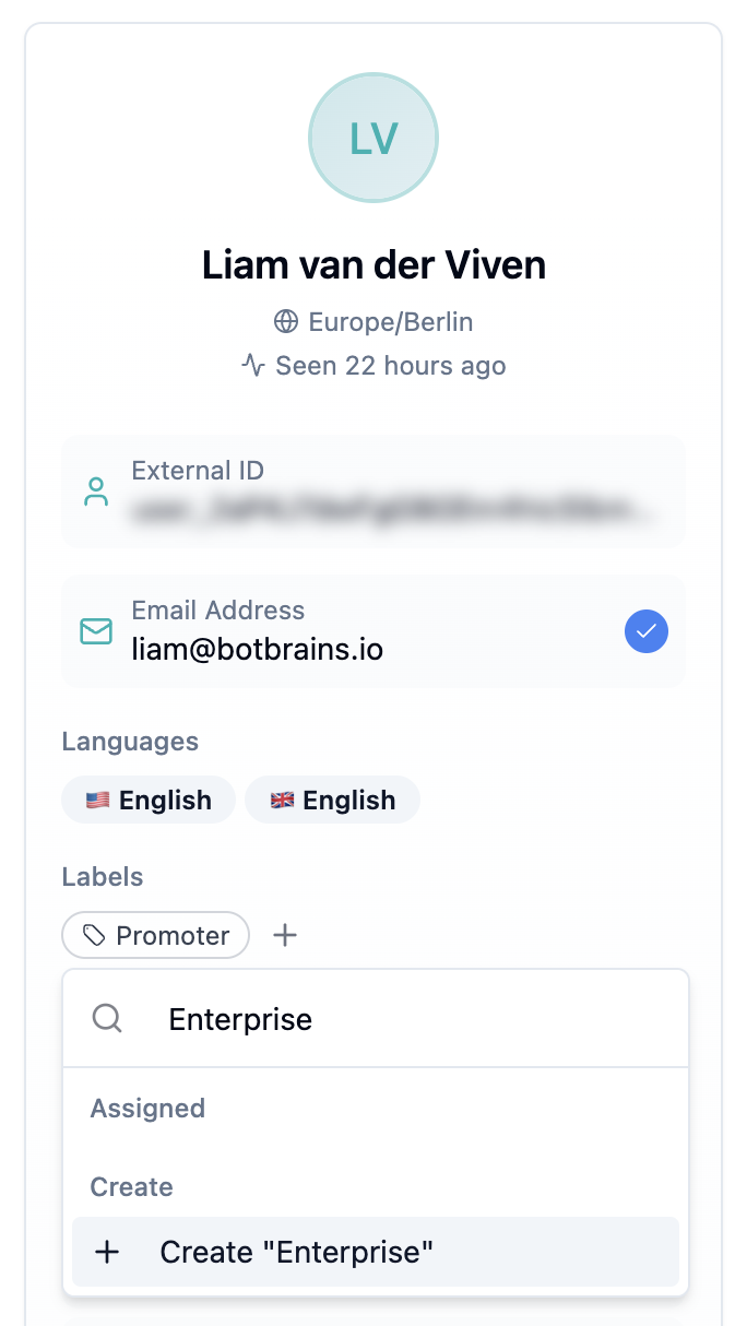 User profile showing label creation interface